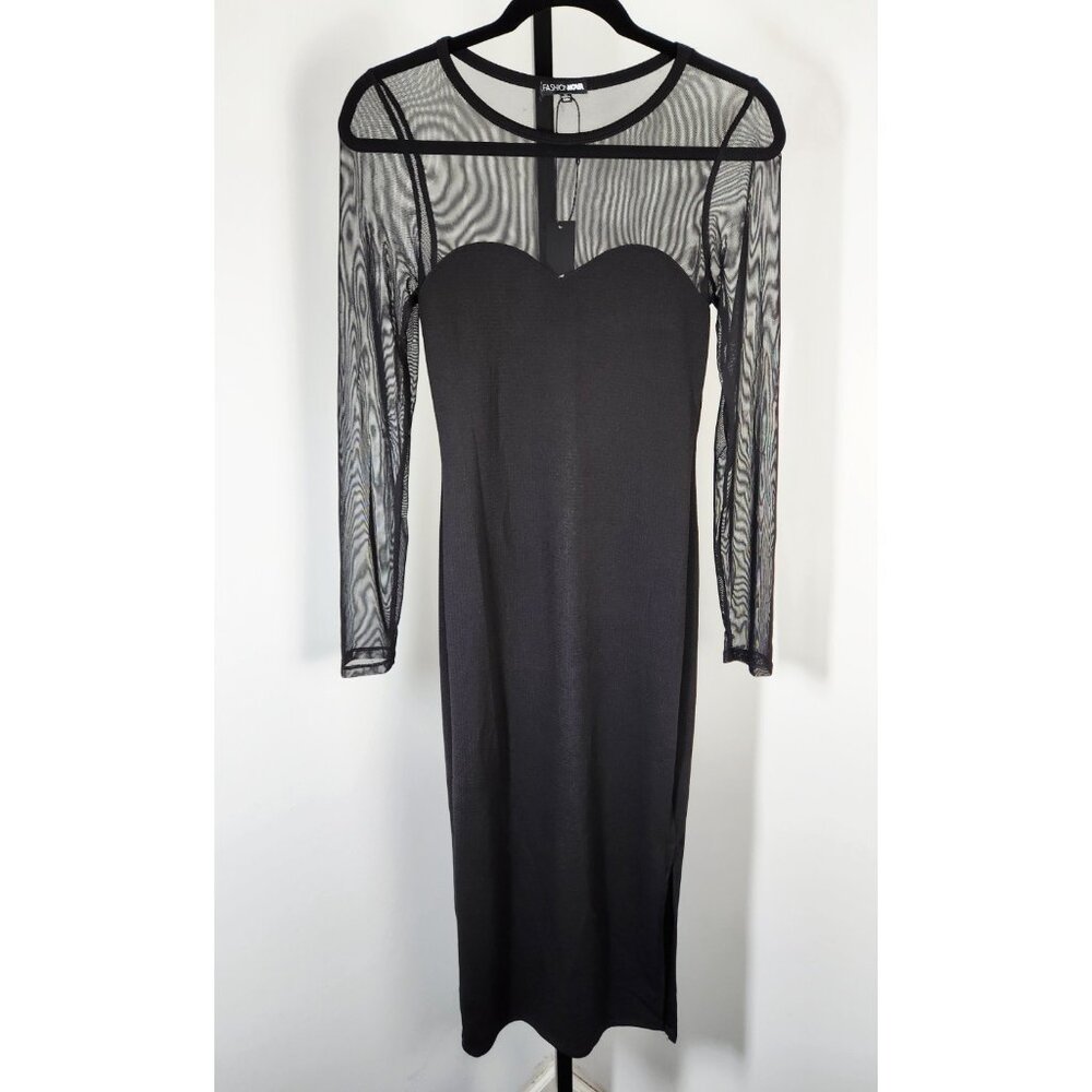 Fashion Nova Black Bodycon Sheer Mesh Long Sleeve Midi Dress - SZ M